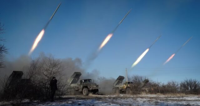 Rocket launchers operated by Russian-backed forces shell Debaltseve on February 18, 2015—the final day of Ukraine’s defensive operation, which ended in the encirclement of Ukrainian troops and the deaths of over 100 servicemen. Photo credits: Getty Images.
