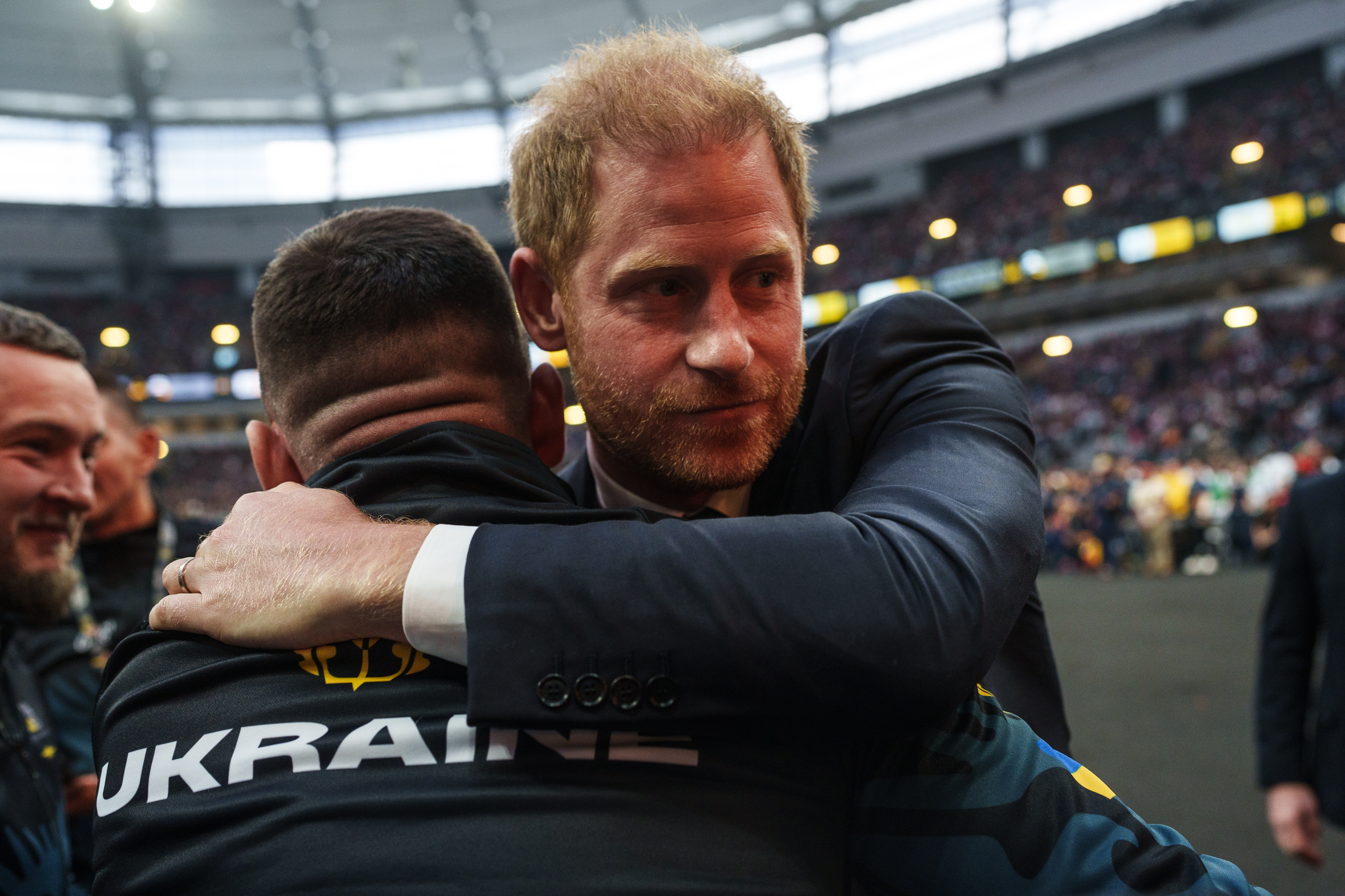 Prince Harry embraces a member of the Ukrainian national team at the Opening Ceremony of the Games in 2024. Photo: InvictusTeamUkraine